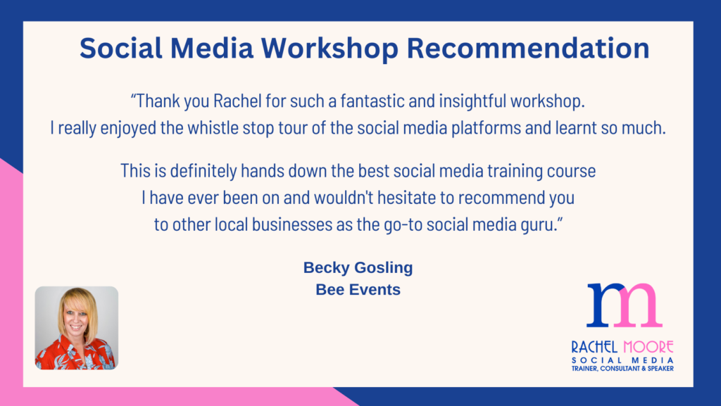 Blue and pink, brand colours for Rachel Moore Social Media with a private bespoke 1-2-1 training recommendation from Becky Gosling, Bee Events