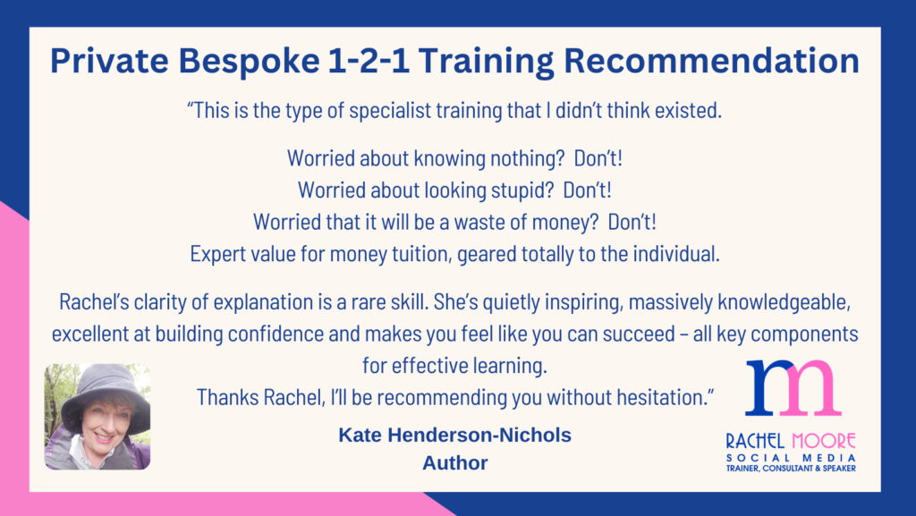 Blue and pink, brand colours for Rachel Moore Social Media with a private bespoke 1-2-1 training recommendation from Kate Henderson-Nichols