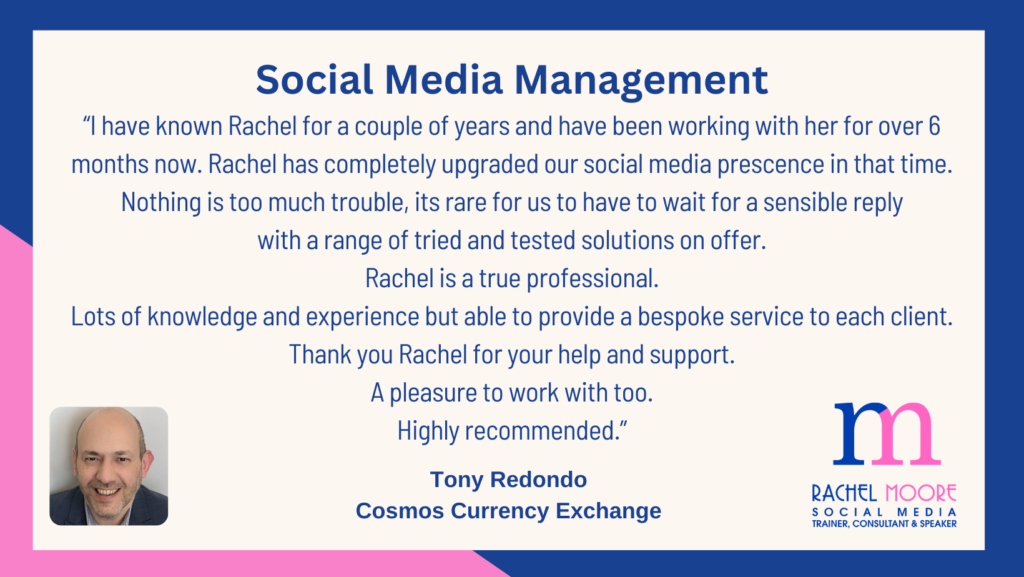 Blue and pink brand colours for Rachel Moore Social Media with a social media management testimonial from Tony Redondo of Cosmos Currency Exchange