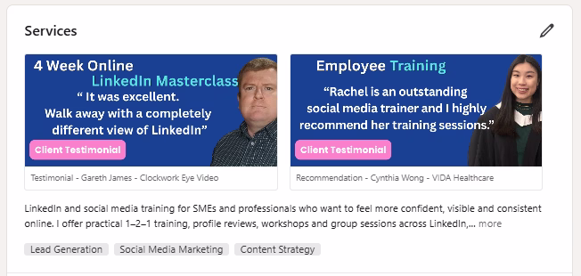 Image of the service section of Rachel Moore of Rachel Moore Social Media's LinkedIn profile